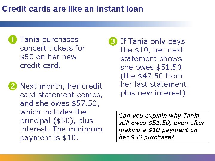 Credit cards are like an instant loan Tania purchases concert tickets for $50 on