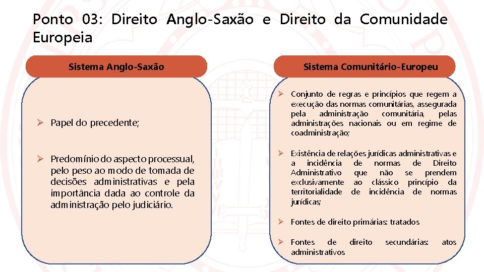 Ponto 03: Direito Anglo-Saxão e Direito da Comunidade Europeia Sistema Anglo-Saxão Papel do precedente;