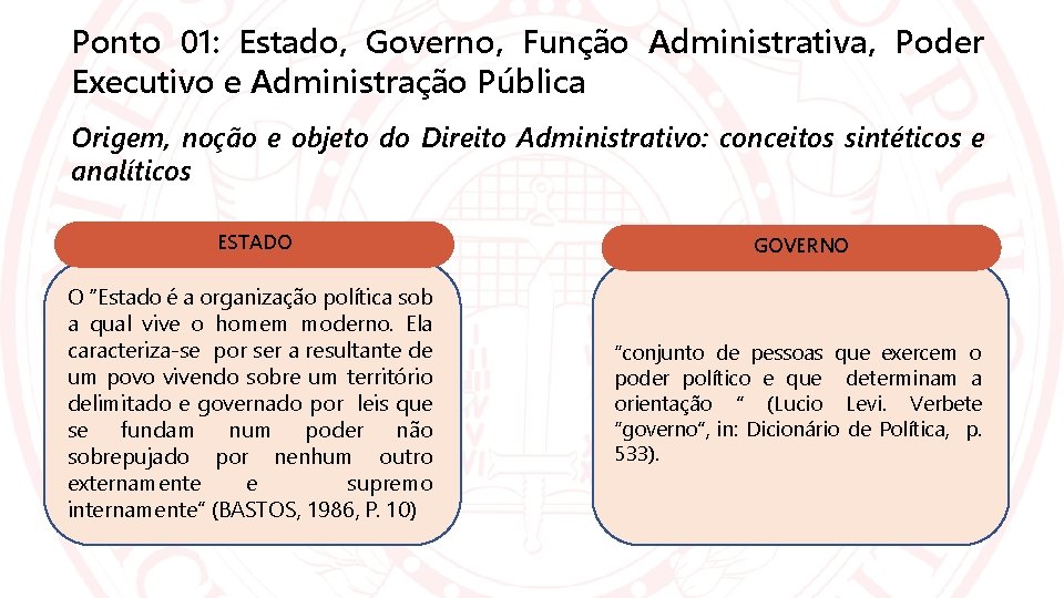 Ponto 01: Estado, Governo, Função Administrativa, Poder Executivo e Administração Pública Origem, noção e