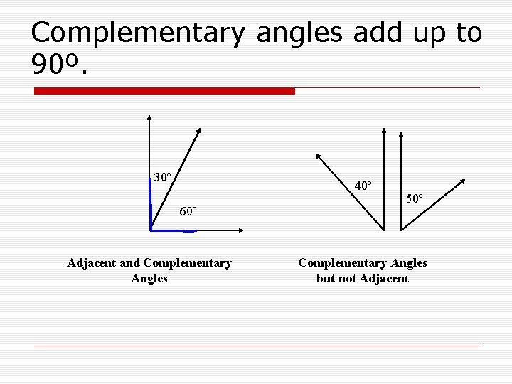Complementary angles add up to 90º. 30º 40º 60º Adjacent and Complementary Angles 50º