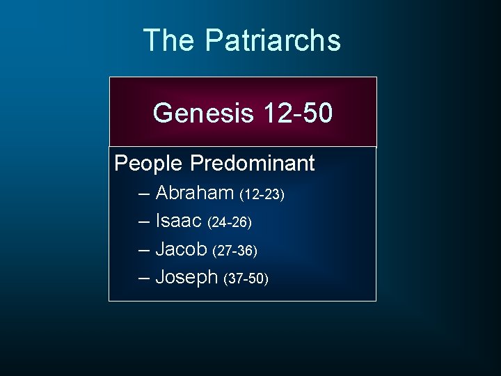 The Patriarchs Genesis 12 -50 People Predominant – Abraham (12 -23) – Isaac (24