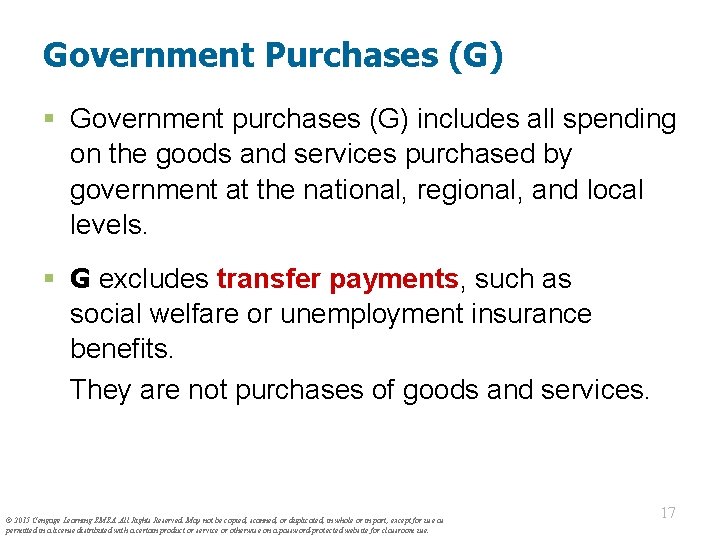 Government Purchases (G) § Government purchases (G) includes all spending on the goods and