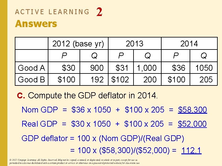 ACTIVE LEARNING Answers 2 2012 (base yr) P Good A Good B Q $30