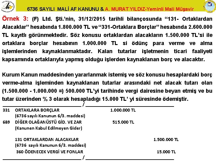 6736 SAYILI MALİ AF KANUNU & A. MURAT YILDIZ-Yeminli Mali Müşavir Örnek 3: (F)