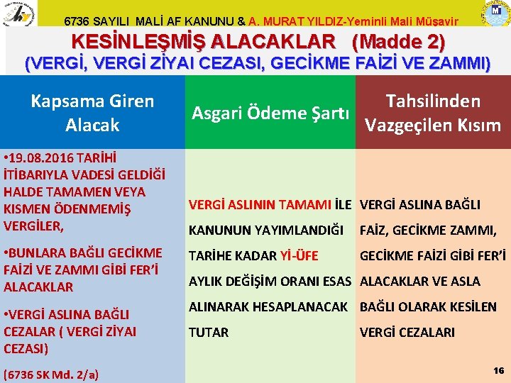 6736 SAYILI MALİ AF KANUNU & A. MURAT YILDIZ-Yeminli Mali Müşavir KESİNLEŞMİŞ ALACAKLAR (Madde