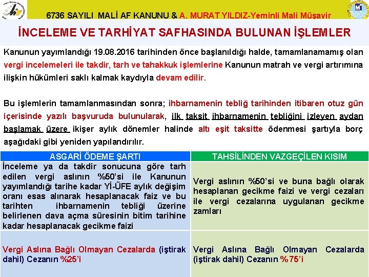 6736 SAYILI MALİ AF KANUNU & A. MURAT YILDIZ-Yeminli Mali Müşavir İNCELEME VE TARHİYAT