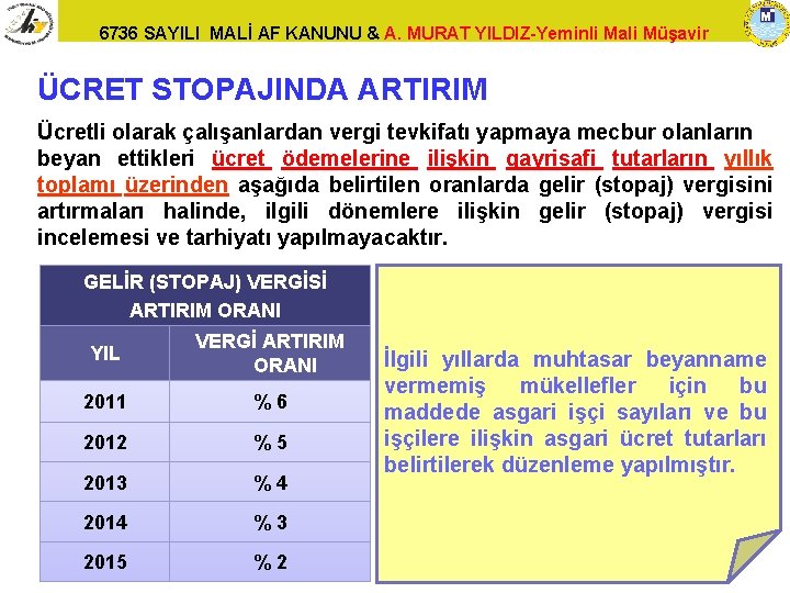 6736 SAYILI MALİ AF KANUNU & A. MURAT YILDIZ-Yeminli Mali Müşavir ÜCRET STOPAJINDA ARTIRIM