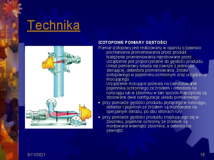 Technika IZOTOPOWE POMIARY GĘSTOŚCI Pomiar izotopowy jest realizowany w oparciu o zjawisko pochłaniania promieniowania