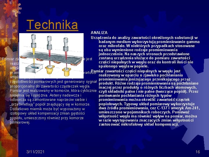 Technika ANALIZA Urządzenia do analizy zawartości określonych substancji w badanym medium wykorzystują promieniowanie gamma