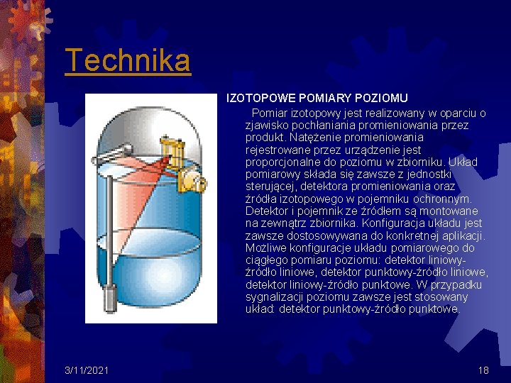 Technika IZOTOPOWE POMIARY POZIOMU Pomiar izotopowy jest realizowany w oparciu o zjawisko pochłaniania promieniowania