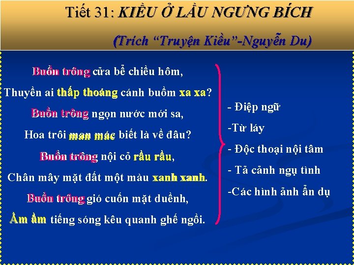 Tiết 31: KIỀU Ở LẦU NGƯNG BÍCH (Trích “Truyện Kiều”-Nguyễn Du) Buồn trông cửa