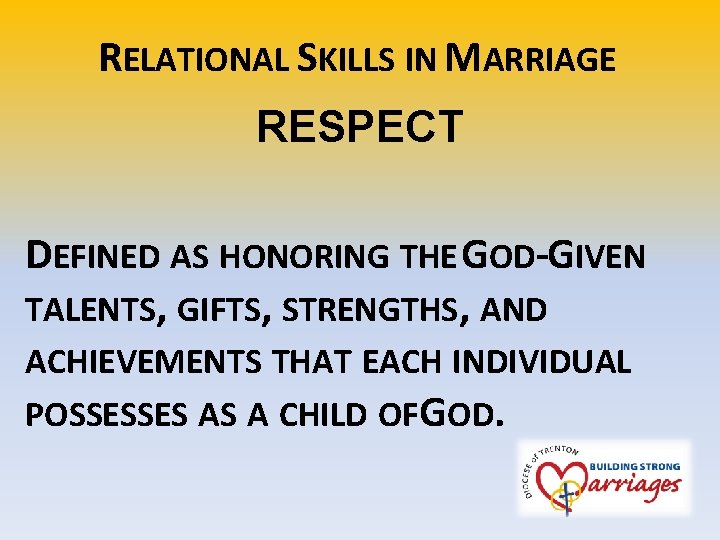 RELATIONAL SKILLS IN MARRIAGE RESPECT DEFINED AS HONORING THE GOD-GIVEN TALENTS, GIFTS, STRENGTHS, AND