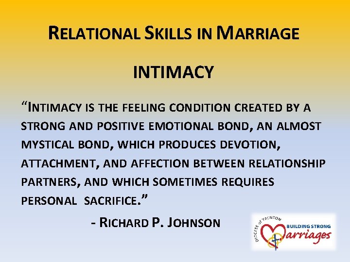RELATIONAL SKILLS IN MARRIAGE INTIMACY “INTIMACY IS THE FEELING CONDITION CREATED BY A STRONG