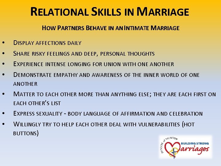 RELATIONAL SKILLS IN MARRIAGE HOW PARTNERS BEHAVE IN AN INTIMATE MARRIAGE • • DISPLAY