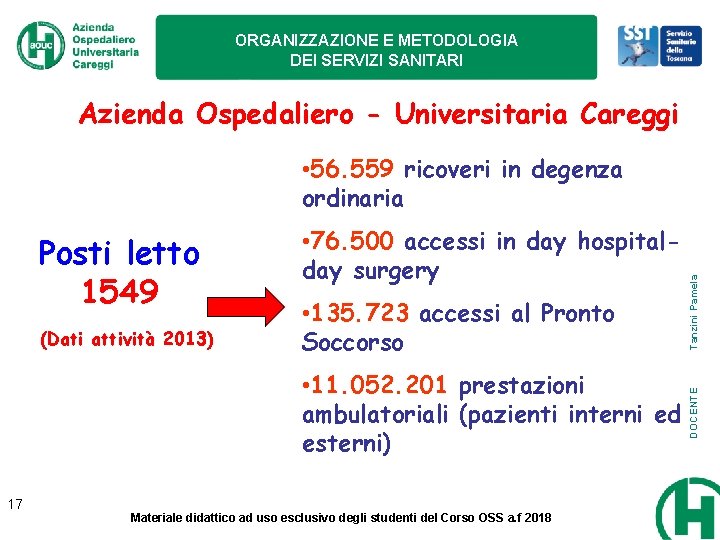 ORGANIZZAZIONE E METODOLOGIA DEI SERVIZI SANITARI Azienda Ospedaliero - Universitaria Careggi (Dati attività 2013) ORGANIZZAZIONE E METODOLOGIA DEI SERVIZI SANITARI Azienda Ospedaliero - Universitaria Careggi (Dati attività 2013)