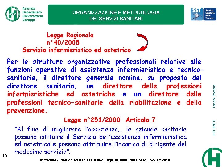 ORGANIZZAZIONE E METODOLOGIA DEI SERVIZI SANITARI Legge n° 251/2000 Articolo 7 19 “Al fine ORGANIZZAZIONE E METODOLOGIA DEI SERVIZI SANITARI Legge n° 251/2000 Articolo 7 19 “Al fine