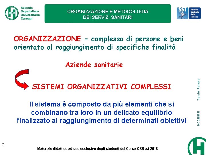 ORGANIZZAZIONE E METODOLOGIA DEI SERVIZI SANITARI ORGANIZZAZIONE = complesso di persone e beni orientato ORGANIZZAZIONE E METODOLOGIA DEI SERVIZI SANITARI ORGANIZZAZIONE = complesso di persone e beni orientato
