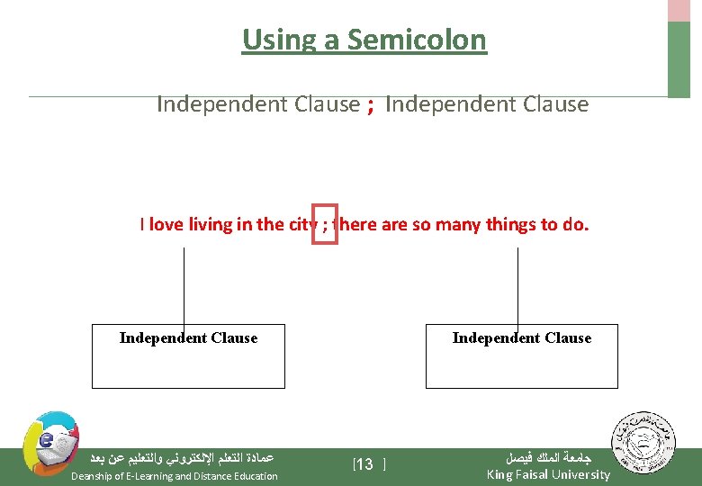 Using a Semicolon Independent Clause ; Independent Clause I love living in the city