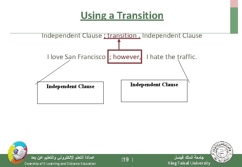 Using a Transition Independent Clause ; transition , Independent Clause I love San Francisco