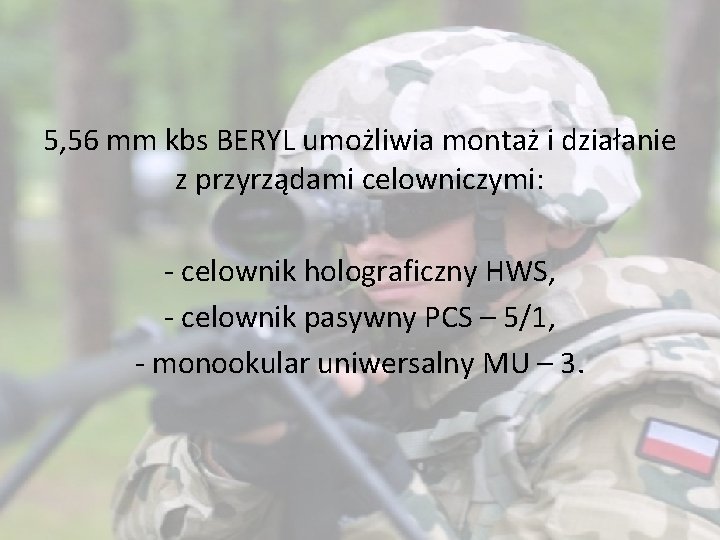 5, 56 mm kbs BERYL umożliwia montaż i działanie z przyrządami celowniczymi: - celownik