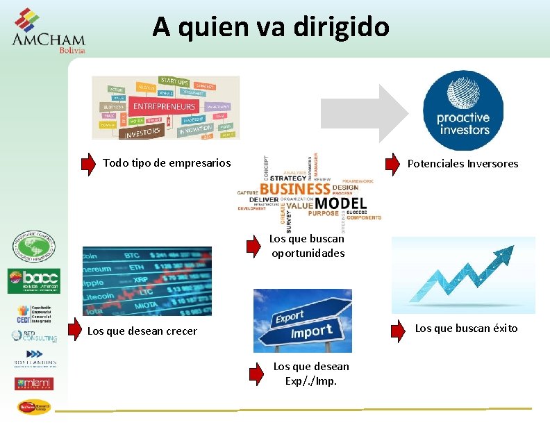 A quien va dirigido Todo tipo de empresarios Potenciales Inversores Los que buscan oportunidades