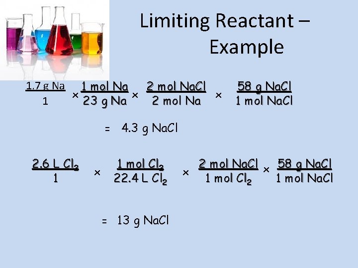 Limiting Reactant – Example 1. 7 g Na 1 mol Na 2 mol Na.