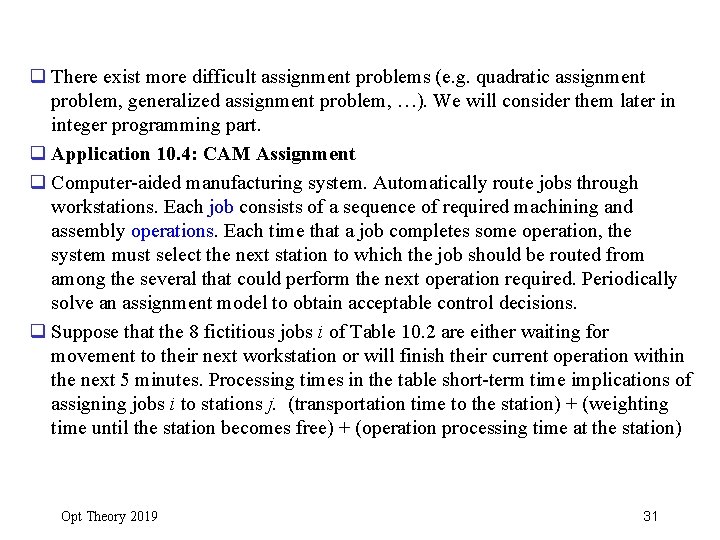 q There exist more difficult assignment problems (e. g. quadratic assignment problem, generalized assignment