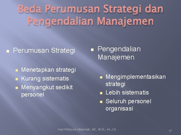 Beda Perumusan Strategi dan Pengendalian Manajemen Perumusan Strategi Menetapkan strategi Kurang sistematis Menyangkut sedikit Beda Perumusan Strategi dan Pengendalian Manajemen Perumusan Strategi Menetapkan strategi Kurang sistematis Menyangkut sedikit