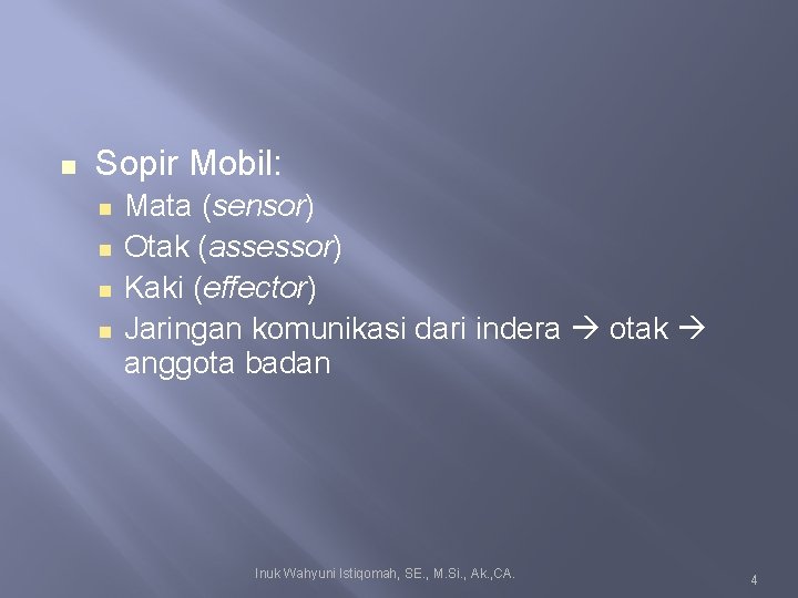 Sopir Mobil: Mata (sensor) Otak (assessor) Kaki (effector) Jaringan komunikasi dari indera otak Sopir Mobil: Mata (sensor) Otak (assessor) Kaki (effector) Jaringan komunikasi dari indera otak