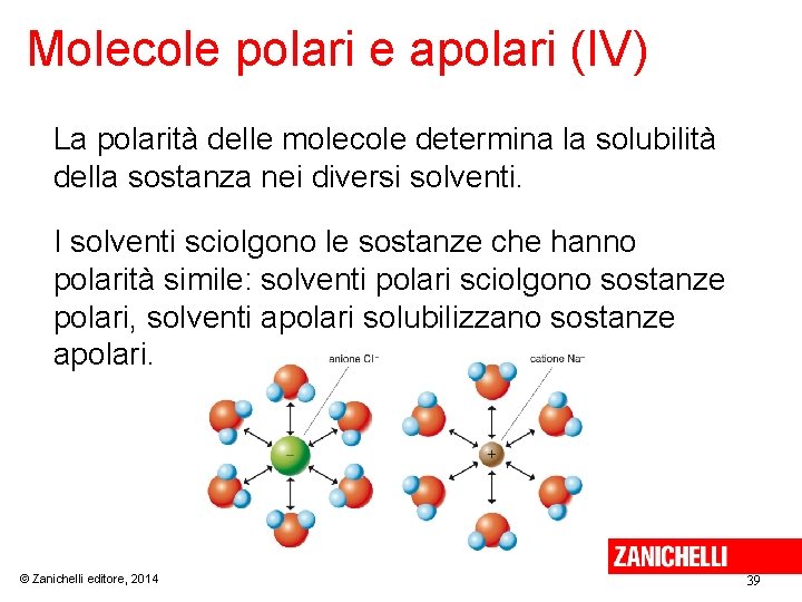 Molecole polari e apolari (IV) La polarità delle molecole determina la solubilità della sostanza Molecole polari e apolari (IV) La polarità delle molecole determina la solubilità della sostanza