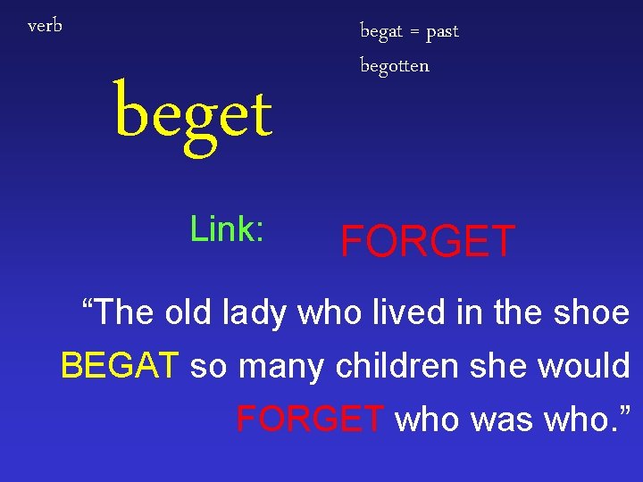 verb beget Link: begat = past begotten FORGET “The old lady who lived in