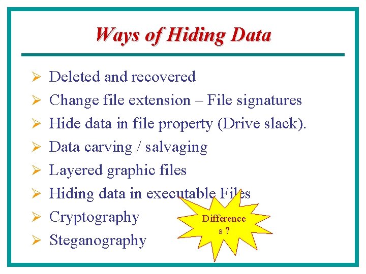 Ways of Hiding Data Ø Deleted and recovered Ø Change file extension – File
