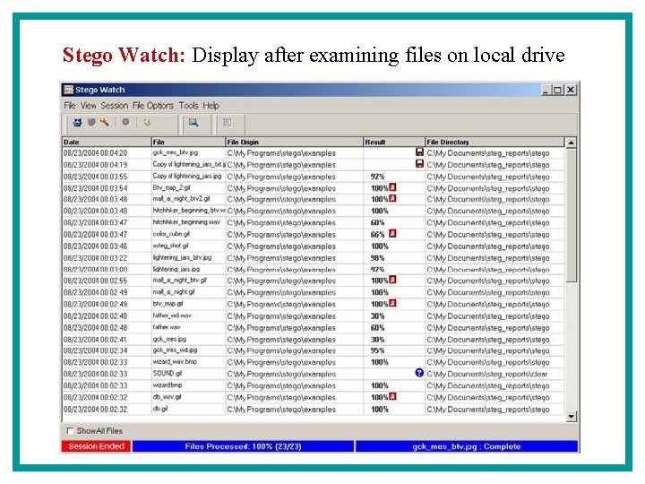 Stego Watch: Display after examining files on local drive 