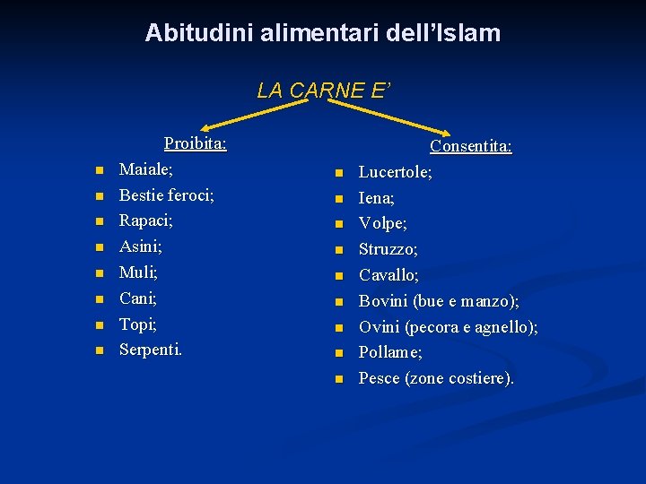 Abitudini alimentari dell’Islam LA CARNE E’ n n n n Proibita: Maiale; Bestie feroci;