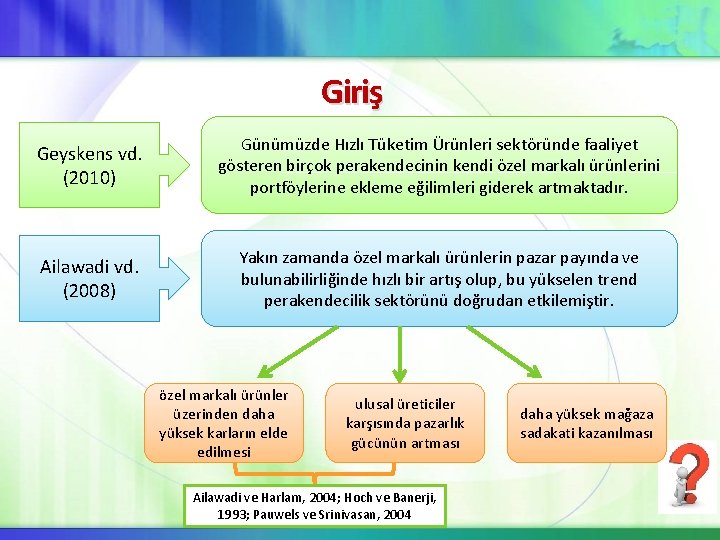 Giriş Geyskens vd. (2010) Günümüzde Hızlı Tüketim Ürünleri sektöründe faaliyet gösteren birçok perakendecinin kendi