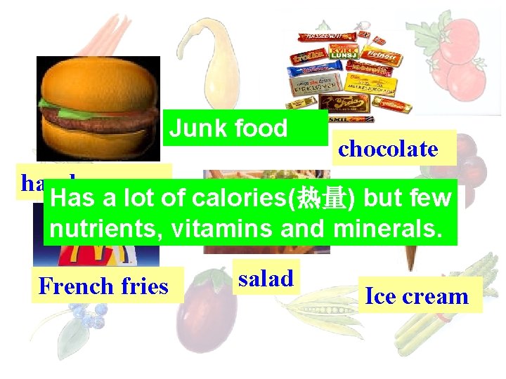 Junk food chocolate hamburgers Has a lot of calories(热量) but few nutrients, vitamins and