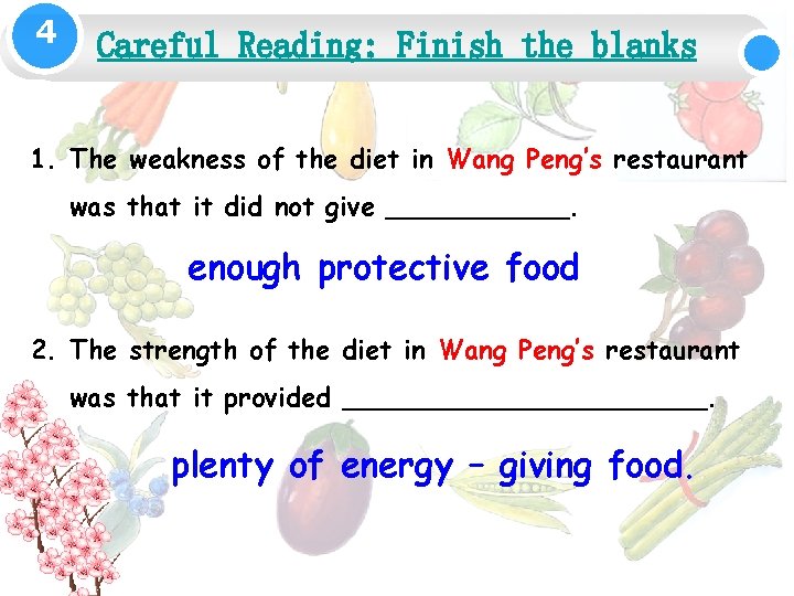 4 Careful Reading: Finish the blanks 1. The weakness of the diet in Wang