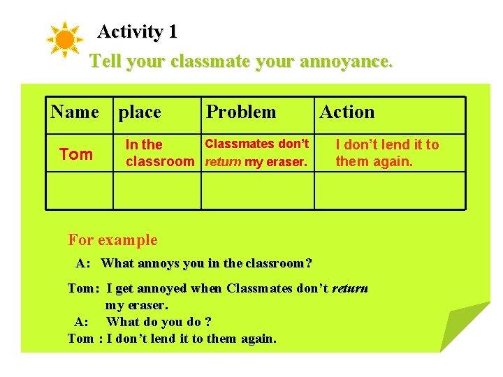 Activity 1 Tell your classmate your annoyance. Name place Tom Problem Classmates don’t In