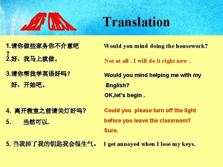 Translation 1. 请你做些家务你不介意吧 ？ 2. 好，我马上就做。 Would you mind doing the housework? 3. 请你帮我学英语好吗？