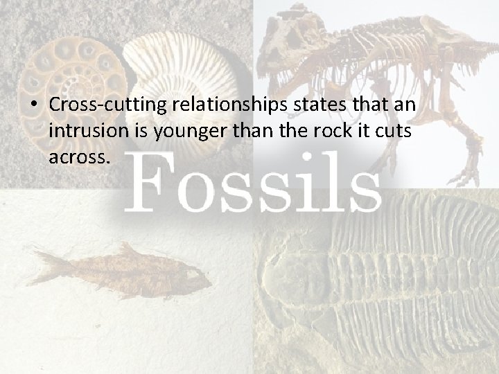  • Cross-cutting relationships states that an intrusion is younger than the rock it