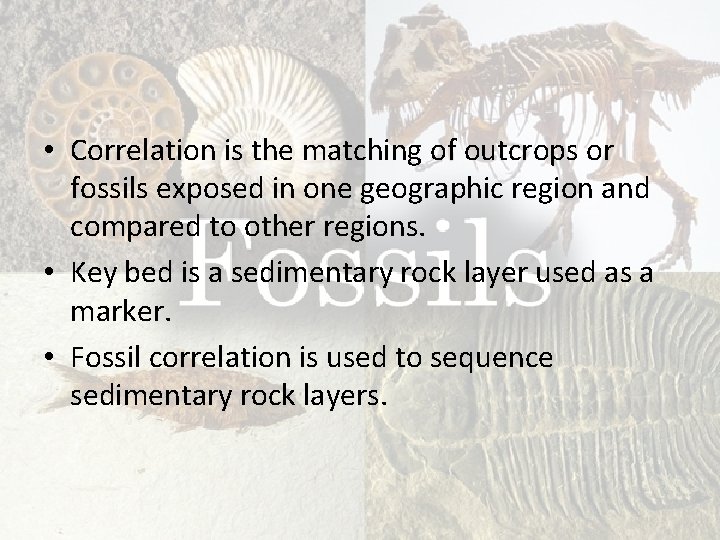  • Correlation is the matching of outcrops or fossils exposed in one geographic
