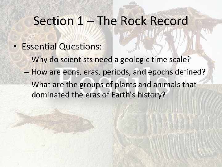 Section 1 – The Rock Record • Essential Questions: – Why do scientists need