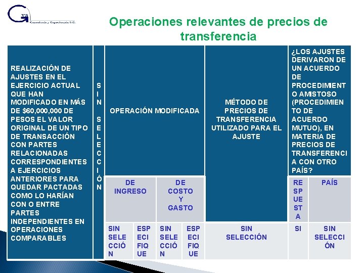 Operaciones relevantes de precios de transferencia REALIZACIÓN DE AJUSTES EN EL EJERCICIO ACTUAL QUE