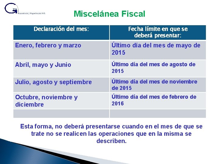 Miscelánea Fiscal Declaración del mes: Fecha límite en que se deberá presentar: Enero, febrero
