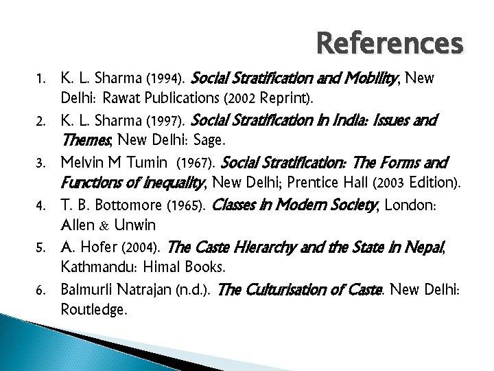 References 1. K. L. Sharma (1994). Social Stratification and Mobility, New Delhi: Rawat Publications