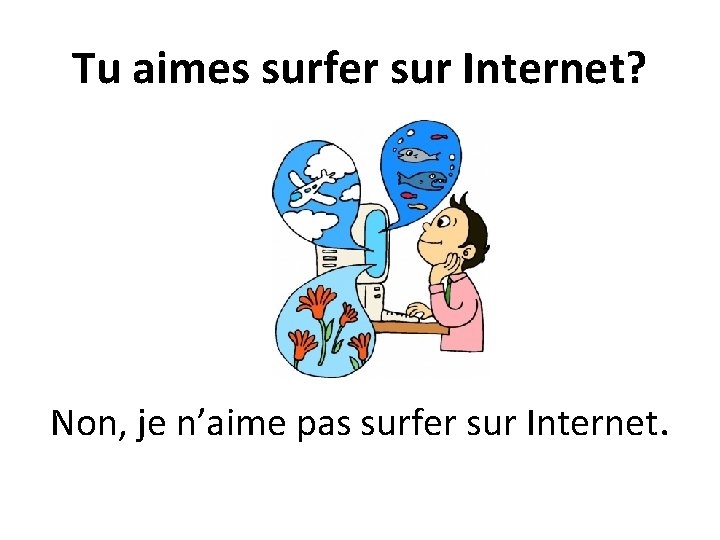 Tu aimes surfer sur Internet? Non, je n’aime pas surfer sur Internet. 