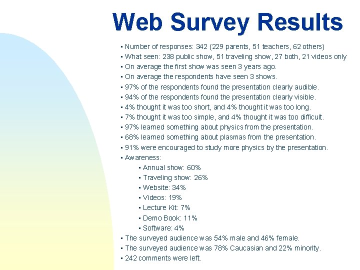 Web Survey Results • Number of responses: 342 (229 parents, 51 teachers, 62 others)