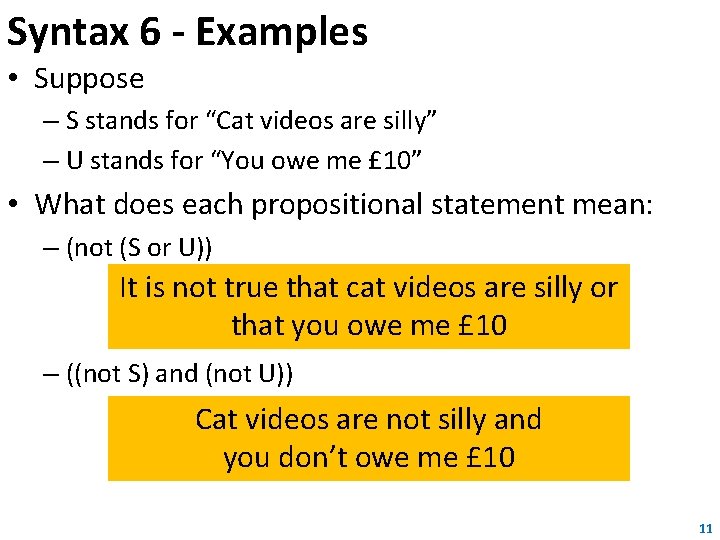 Syntax 6 - Examples • Suppose – S stands for “Cat videos are silly” Syntax 6 - Examples • Suppose – S stands for “Cat videos are silly”