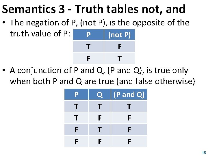 Semantics 3 - Truth tables not, and • The negation of P, (not P), Semantics 3 - Truth tables not, and • The negation of P, (not P),