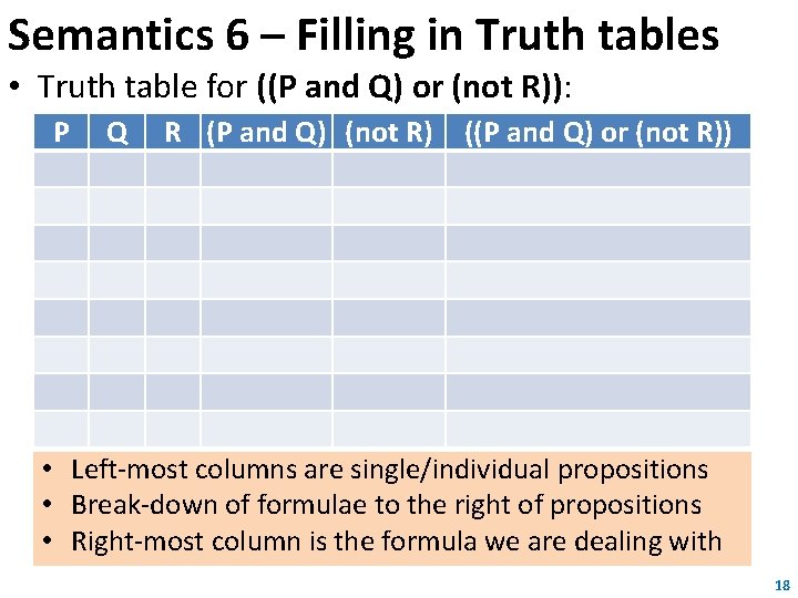 Semantics 6 – Filling in Truth tables • Truth table for ((P and Q) Semantics 6 – Filling in Truth tables • Truth table for ((P and Q)